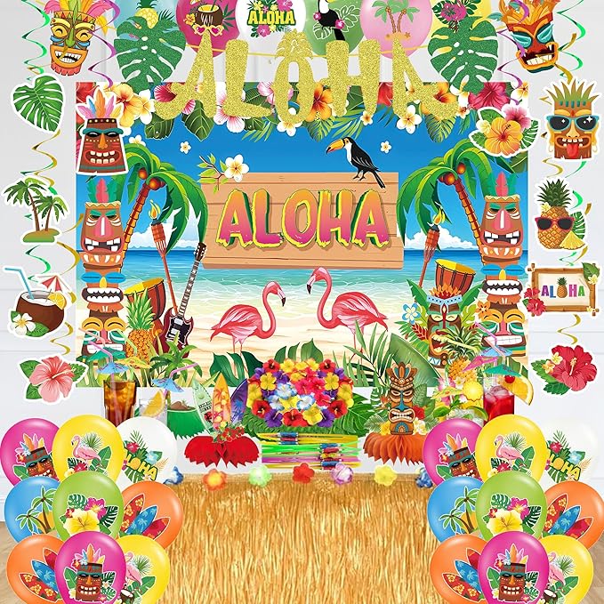 101PCS Hawaiian Themed Party Decorations Set, Tropical Beach Aloha Summer Party Supplies, Including Backdrop, Table Skirt, Honeycomb Centerpieces, Balloons for Luau, Tiki Birthday Party