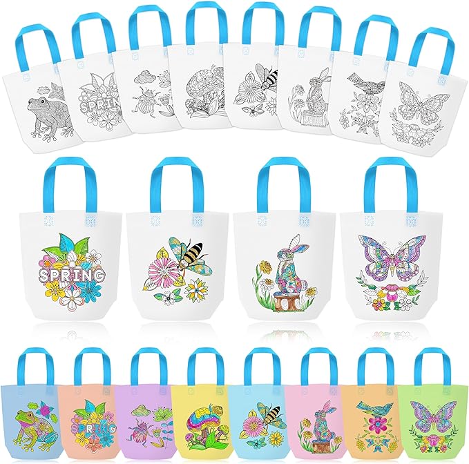 Spring Coloring Goodie Bags for Kids - 24Pcs Mandala Theme Bulk Color Your Own Gift Bags with Handle Butterfly Bunny Reusable Non Woven Coloring Tote Packet for DIY Painting Spring Easter Holiday Gift