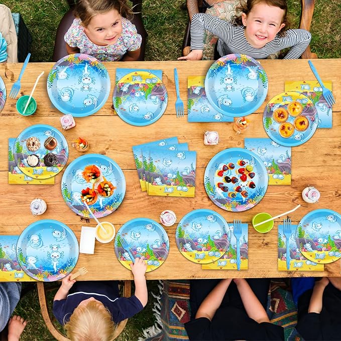chiazllta 96pcs Blue Axolotl Plates and Napkins Party Supplies Reptile Animals Tableware Set Girl Boy Axolotl Party Decorations Favors for Axolotl Birthday Baby Shower Serves 24 Guests