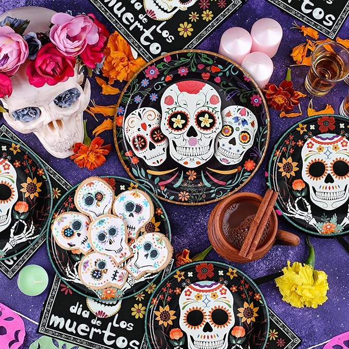 180Pcs Day of the Dead Party Plates and Napkins Set,Sugar Skull Tableware Decors Mexican Fiesta Theme Party Decorations for Day of The Dead Halloween Birthday Party Supplies,Serve 60 Guests
