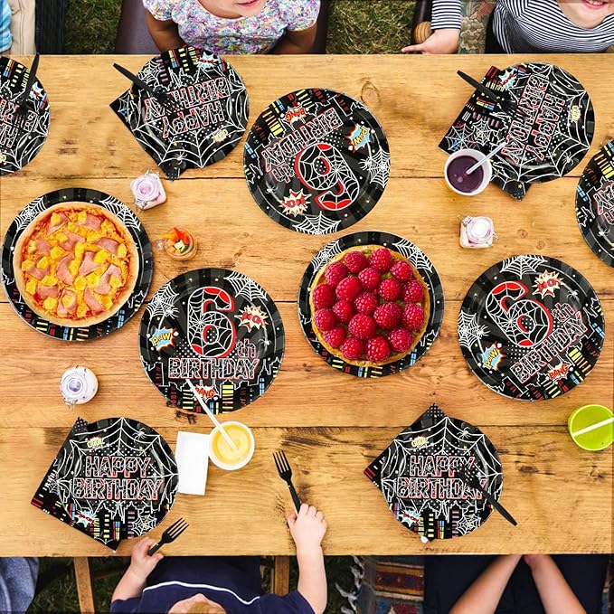 96Pcs Spider 6th Birthday Party Decorations Black Spider 6th Birthday Plates and Napkins Cartoon Super Theme Hero Paper Tableware Set for Boys Kids 6 Year Old Birthday Party Supplies Serves 24