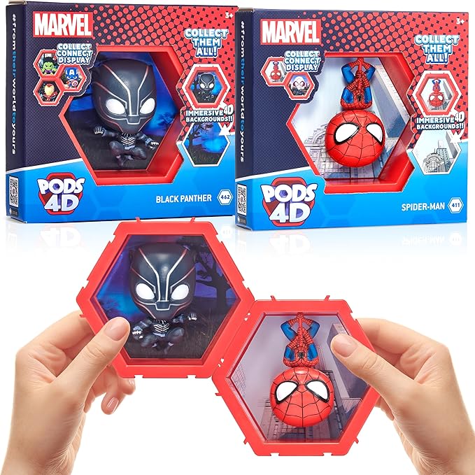 WOW! PODS 4D Marvel - Spiderman & Black Panther (2 Pack) - Unique Connectable & Collectable Action Figure Toy, Wall/Shelf Display, Easter Basket Stuffers, Marvel Toy Figures, Kids Gifts