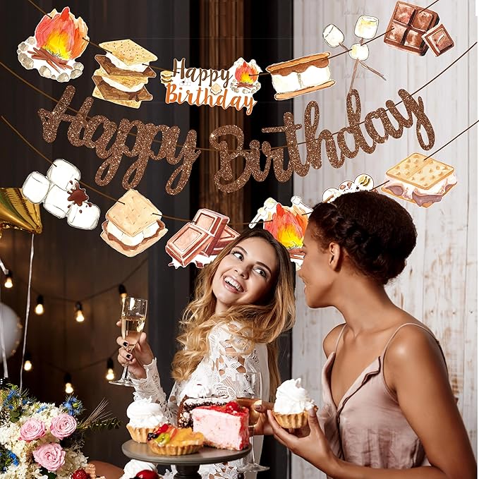 S'more Birthday Party Banners S'more Party Happy Birthday Banners Bonfire Camping Theme Hanging Decoration for Campfire Camper Birthday Party Baby Shower Supplies