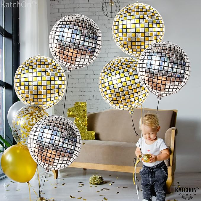 KatchOn, Silver and Gold Disco Ball Balloons -22 Inch, Pack of 6 | 4D Sphere Balloons for Disco Party Decorations | 70s Party Disco Ball decoration | Birthday Party, Graduation Decorations 2026