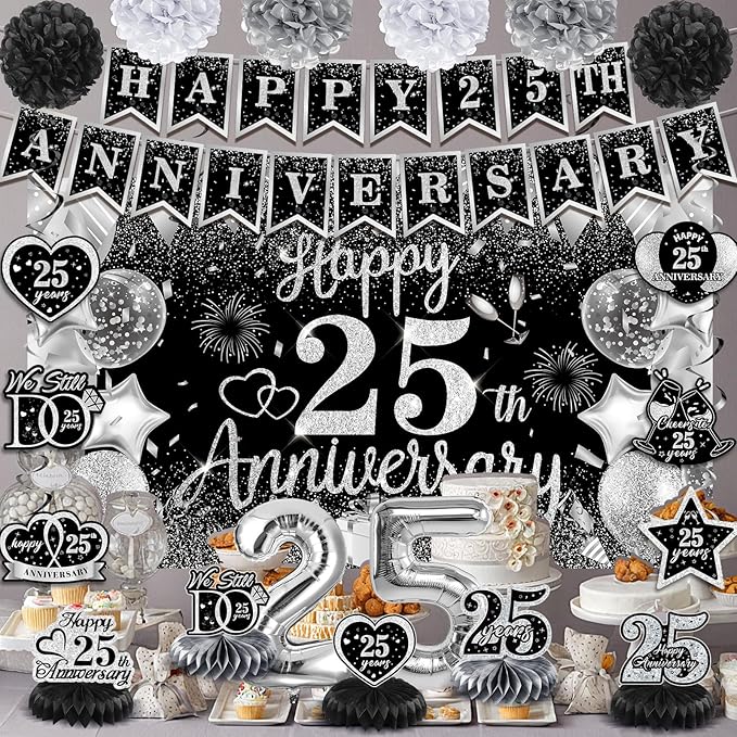 25th Wedding Anniversary Decorations Black Silver Happy 25th Anniversary Banner Backdrop Honeycomb Centerpiece Hanging Swirls Pom Poms for 25 Years Silver Wedding Party Decorations Supplies