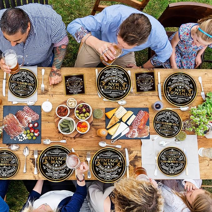 gisgfim 96 Pcs Vintage Man Party Supplies Paper Plates Napkins Vintage Theme Party Birthday Decorations Favors for Black Gold Serves 24