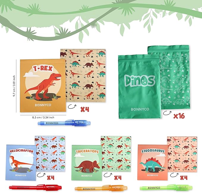 BONNYCO Invisible Ink Pen and Notebook Pack 16, Dinosaur Party Favors for Kids. Magic Spy Pen Goodie Bags Stuffers for Kids, Dinosaur Birthday Party Supplies. Goody Bag Stuffers, Return Gifts Prizes