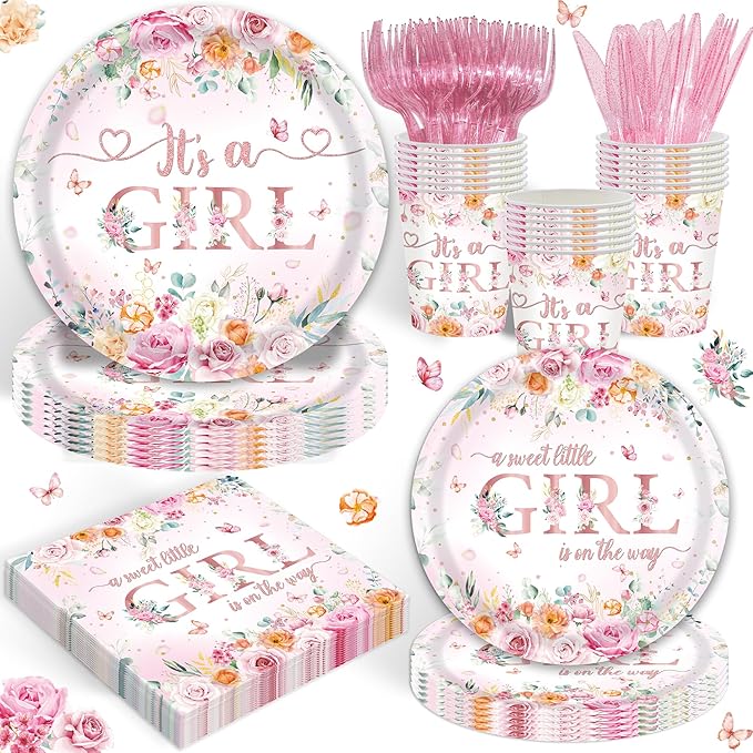 120Pcs Floral Baby Shower Decorations Pink Floral Baby Shower Party Supplies Baby Shower Plates and Cups and Napkins Sets Serve 20