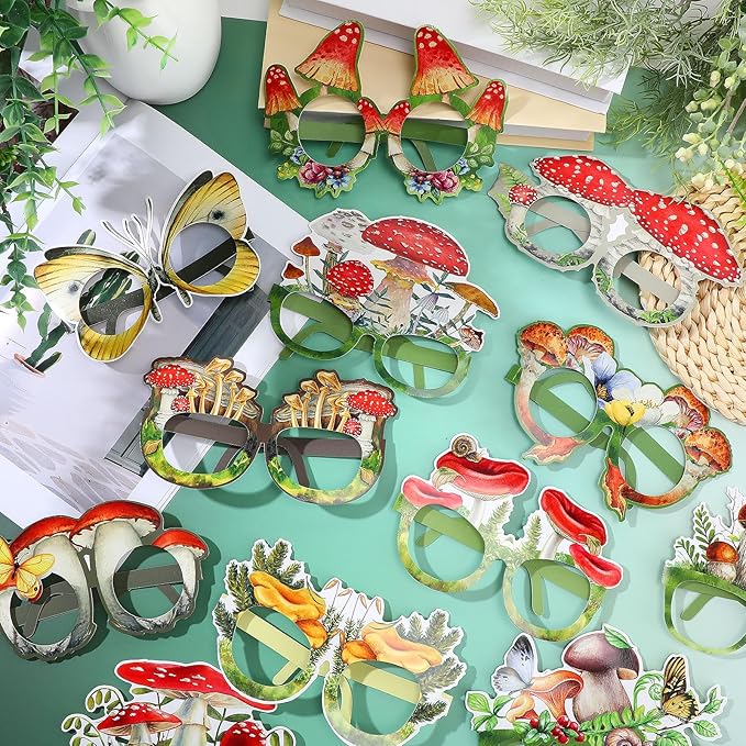 Pajean 36 Pcs Mushroom Party Decorations Eyeglasses Wild Mushrooms Paper Glasses Supplies Enchanted Forest Photo Booth Props Frame Favors for Woodland Shower Birthday Spring Party Decor Supplies