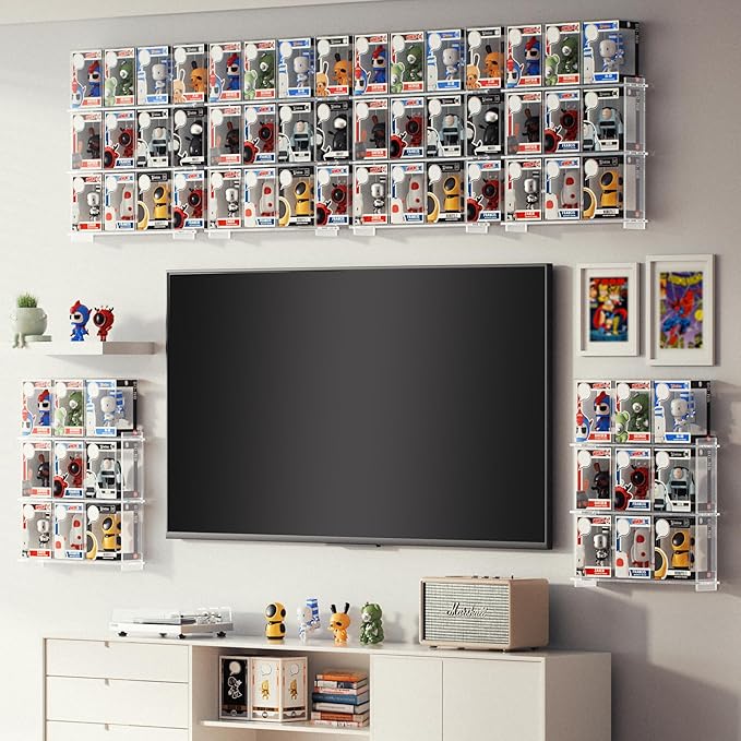 WINKINE Wall Display Shelves Compatible with 21 Funko Pop in Box, Easy Install - Only 2 Screws per Shelf, Acrylic Floating Shelves Stackable, Action Figure Stand, Collectibles Display Case, 2 Pack