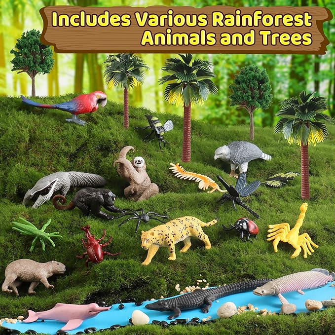37PCS Rainforest Animals Figures Toys Set, Rainforest Diorama Supplies Include Jungle Animal Figurines,Trees, Moss, Sand, Stones for Kids Historical Education School Project Decoration Birthday