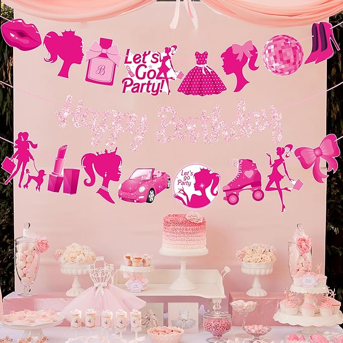 3Pcs Hot Pink Girl Happy Birthday Banners Glitter Hot Pink Princess Birthday Party Decorations for Girls Doll Theme Baby Shower Ladies Bachelorette Party Supplies