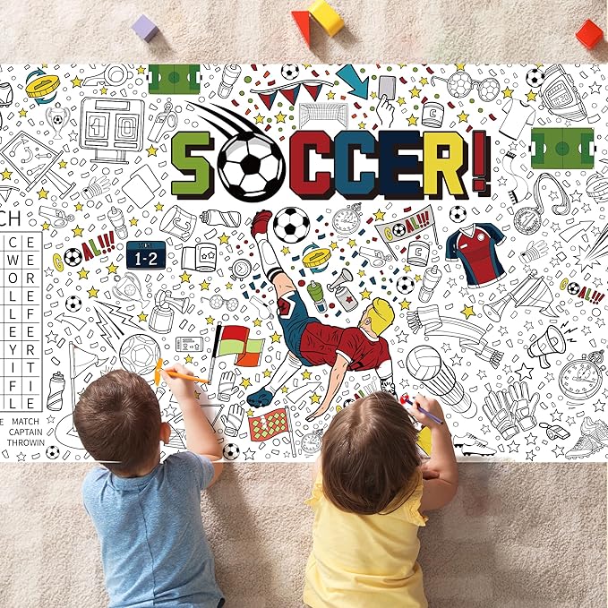 OHOME Soccer Giant Coloring Poster/Tablecloth - Soccer Themed Party Decorations - 30 x 72 Inches Jumbo Coloring Banner Kids Crafts Activities Decor Party Supplies