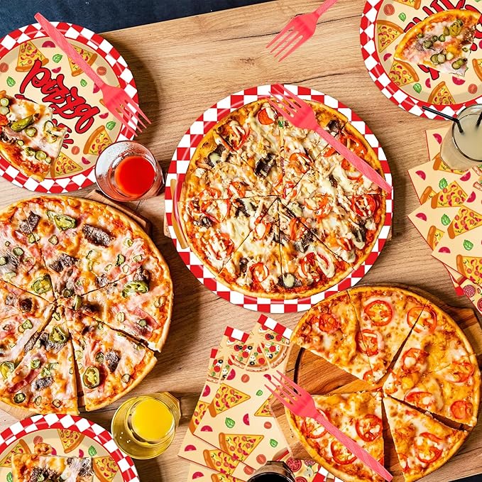 Pizza Plates and Napkins Party Supplies - 96PCS Pizza Birthday Party Decorations Pizza Time Pizza Themed Disposable Tableware Set Serves 24 Guests