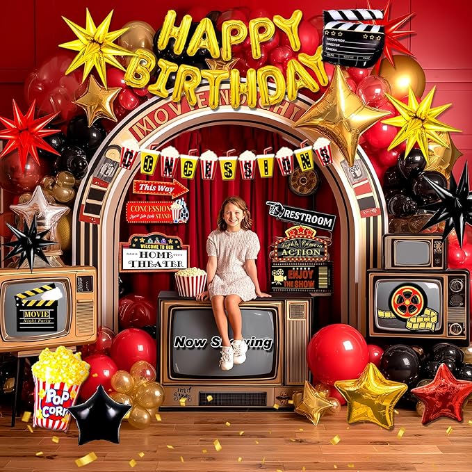 150pcs Movie Themed Birthday Party Decorations, Movie Night Birthday Decorations, Movie Theater Bday Decor Balloons Arch, Now Showing Popcorn Concessions Banner, Foil Balloons