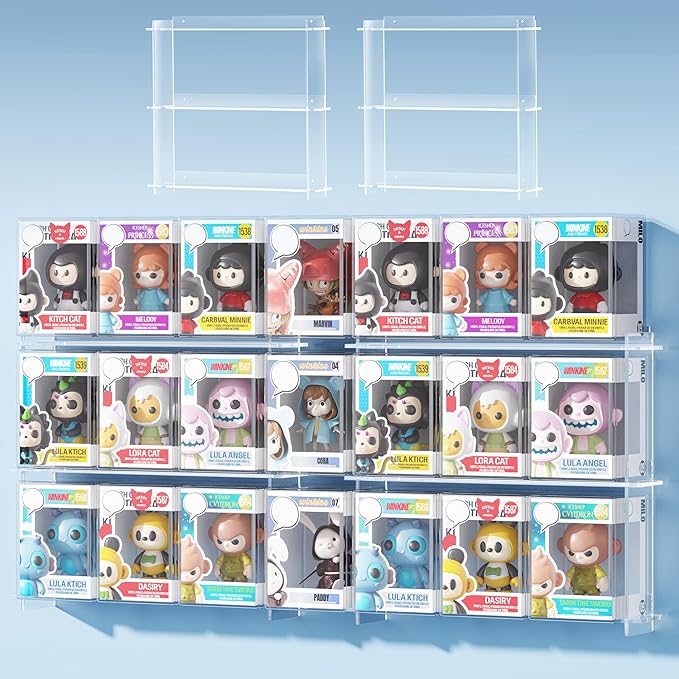 WINKINE Floating Display Shelves Compatible with 21 Funko Pop in Box, Acrylic Shelves for Wall, Clear Figures Display Case for Boxed Characters, Stackable Toy Collectibles Figure Stand, 2 Pack(Clear)