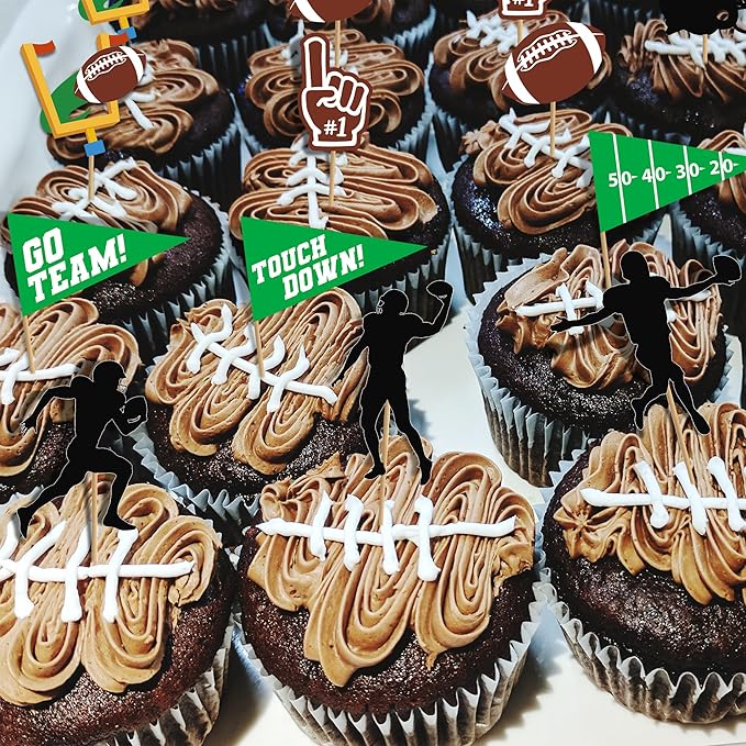 50 Pcs Football Cupcake Toppers, Disposable Foot Ball Themed Cake Toppers, Touchdown Players Flagship Designed Tooth Picks, Football Party Decorations for Sports Baby Shower Birthday Party Supplies