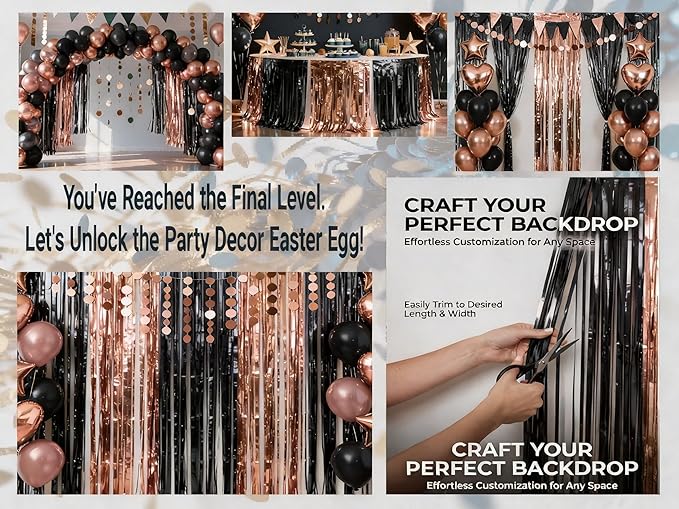 3 Packs Rose Gold and Black Foil Fringe Curtains, Birthday Party Decorations Backdrop Tinsel Steamer, Wedding Engagement Bridal Shower Party Decorations Retirement Decor Graduation Party Backdrop