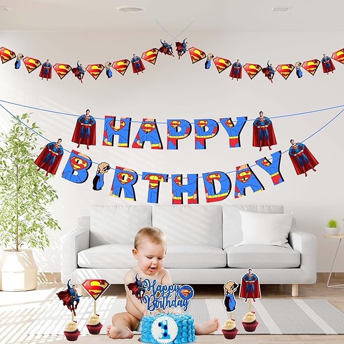 "Suprmn Theme Birthday Party Supplies – Superhero Decorations Set – Includes Happy Birthday Banner, Cake Topper, Cupcake Toppers,Garland & Table Décor – Hero Party Decoration Kit"