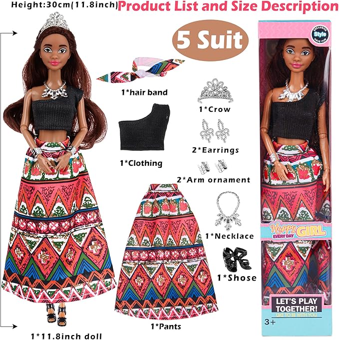 6 Pack African American Fashion Dolls Set with Mix & Match Outfits – 11.5" Posable Black Dolls & 5 Accessories Each (Crown, Necklace, Headscarf & More) + Pink Gift Case