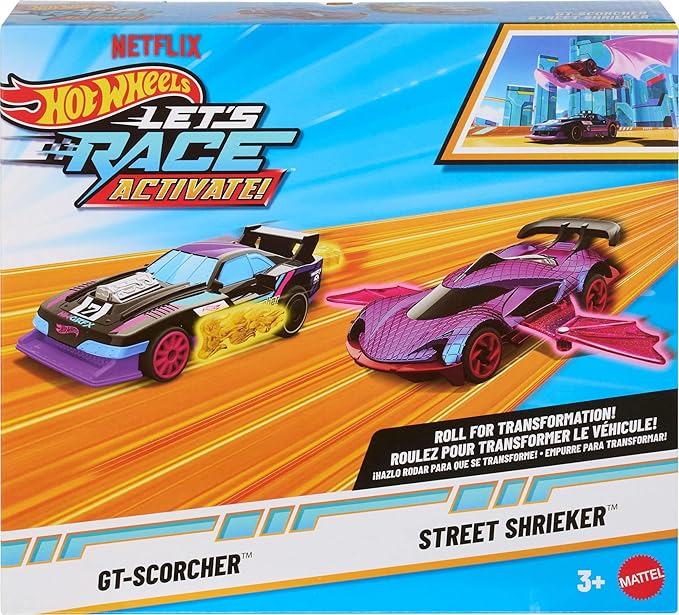 Hot Wheels Let’s Race Activate! Toy Car 2-Pack, GT-Scorcher & Street Shrieker, Roll to Transform or Reveal Surprise Feature Like in the Netflix Series
