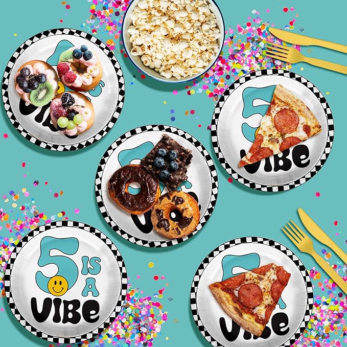 Five is a Vibe Smiley Face Fifth Birthday - 32 Piece Disposable Party Supplies - Decorations for Boy's 5th Birthday Round Party Plates - Large 9" Paper Plates In Bulk