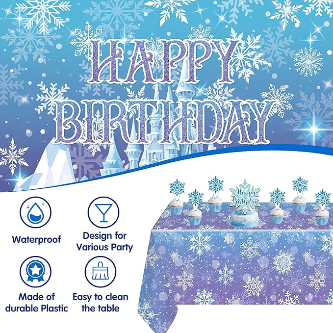 Frozen Birthday Party Decorations For Girls,Happy Birthday Backdrop,Banner,BlueBalloons,Table Cloth,Paper pom poms Party Supplies for Women