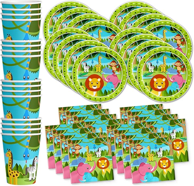 Safari Jungle Theme Birthday Party Decorations Tableware Set - Wild Animal Birthday Party Supplies Includes Plates, Napkins, and Cups | Kit for 16