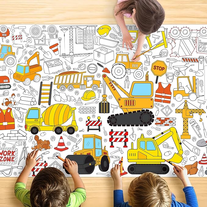 Construction Coloring Tablecloth for Kids, Huge 30x72 Inch Poster with Trucks, Cranes, Bulldozers, Tools, Idea for Party Games, Construction Decorations, Classroom Activities