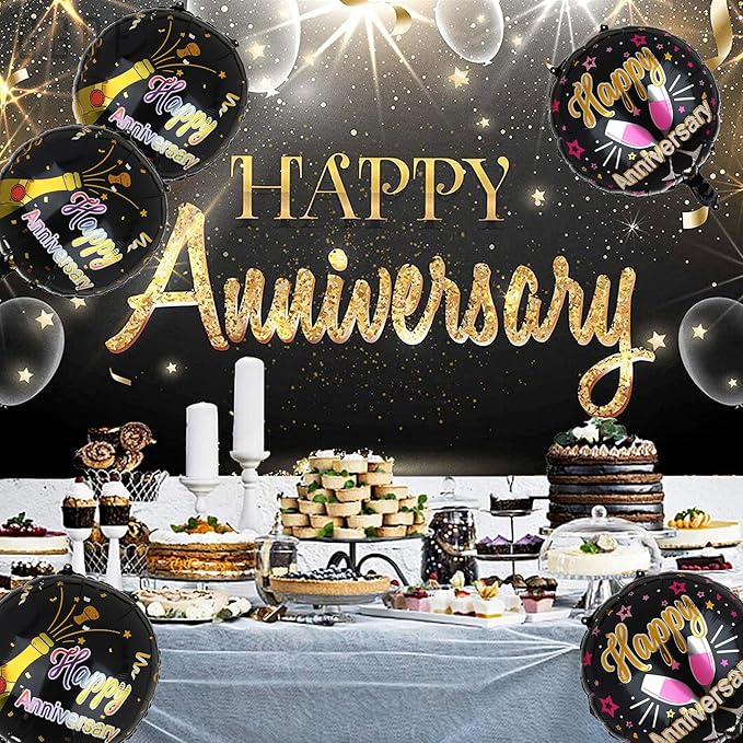 Happy Anniversary Mylar Balloons 18 Inch Round Foil Helium Balloon Birthday Engagement Wedding Celebration Anniversary Party Decorations Supplies Black 6 Pcs