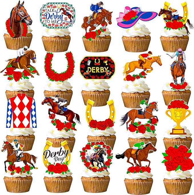 Horse Derby Cupcake Toppers Derby Party Decorations 48Pcs Horse Racing Cupcake Picks Equestrian Derby Birthday Decoration Baby Shower Party Supplies