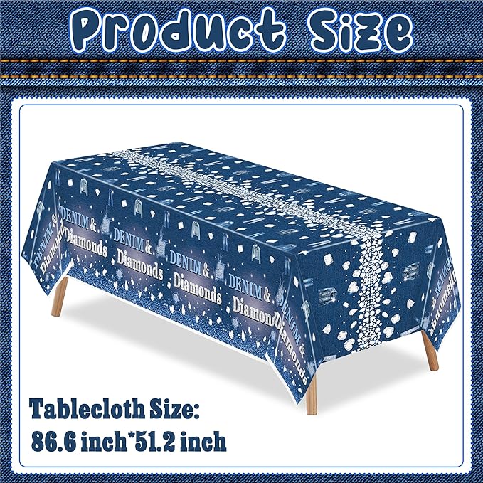 K1tpde Denim & Diamonds Party Tablecloth - 3PCS Denim Themed Blue Jacket Jeans Plastic Tablecloth, Disposable Jeans Tablecover for Adult, Crystal Birthday Party Supplies for Bachelorette Wedding Decor