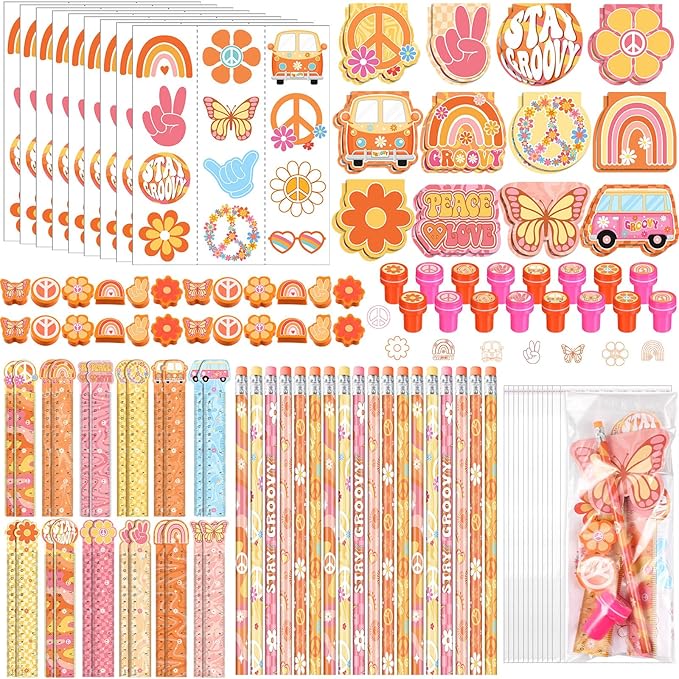 PerKoop 168 Pcs Groovy Party Favors Birthday Decorations Retro Boho Hippie Themed Two Groovy Mini Notebook Pencil Sticker Stamp Gift Goodie Bag for 60s 70s Peace Rainbow Daisy Prizes Piñata Fillers