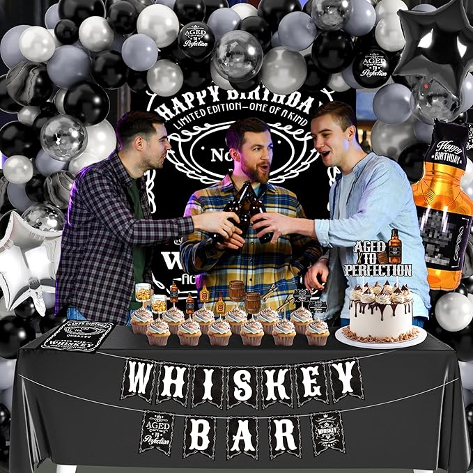 Whiskey Birthday Decorations for Men Aged to Perfection Birthday Party Supplies with Backdrop Tablecloth Whiskey Bar Banner Balloon Garland Poster for Men Adult Beer Party Decor