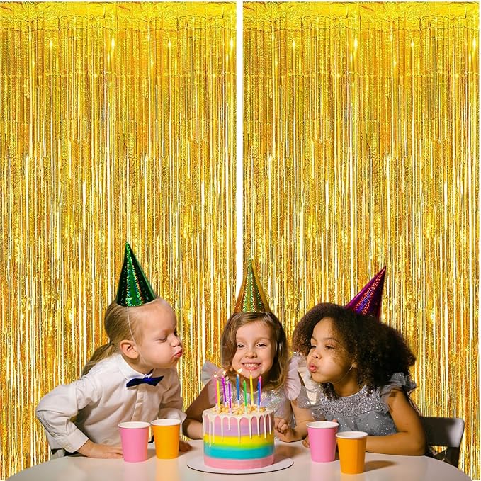 2 Pack Gold Foil Fringe Curtains, 3.3x6.6 Ft Metallic Tinsel Backdrop Party Decorations Door Gold Streamers for Birthday Wedding Engagement Decor,Photo Booth Props, Party Supplies