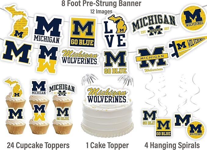 Michigan Party Supplies for Football, Birthday Gift, U of M Graduation Party Banner and Cake Toppers (42 Pieces) (Michigan Wolverines)