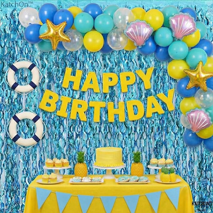 Katchon, Xtralarge Wavy Blue Foil Fringe Curtain - Pack of 2 | Blue Streamers for Under The Sea Party Decorations | Foil Fringe Backdrop for Birthday, Cruise Door Decorations, Pool Party Decorations