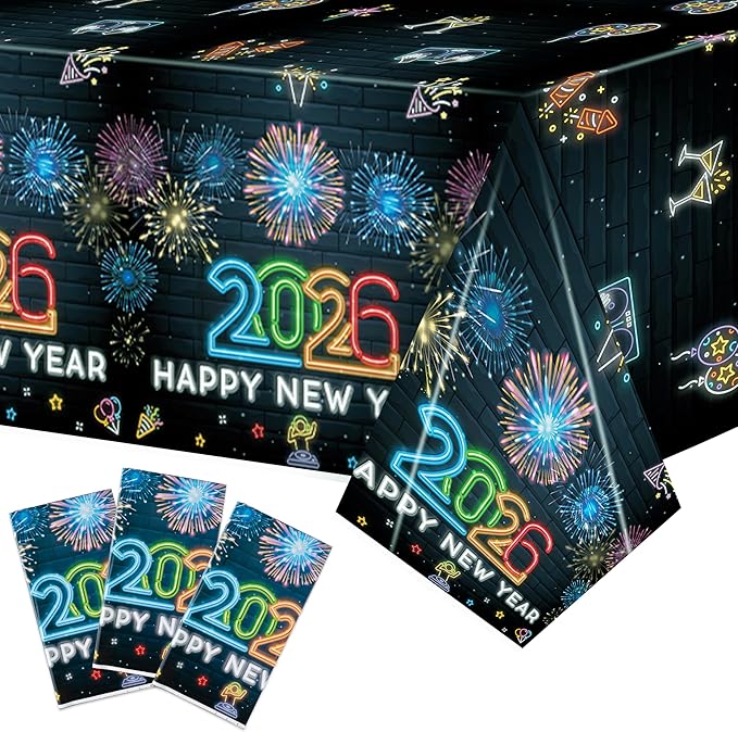 Neon New Year Tablecloth - 3Pack 2026 Happy New Year Eve Glow in The Dark Tablecovers Decoration Rectangle Tablecloth Carnival Party Table