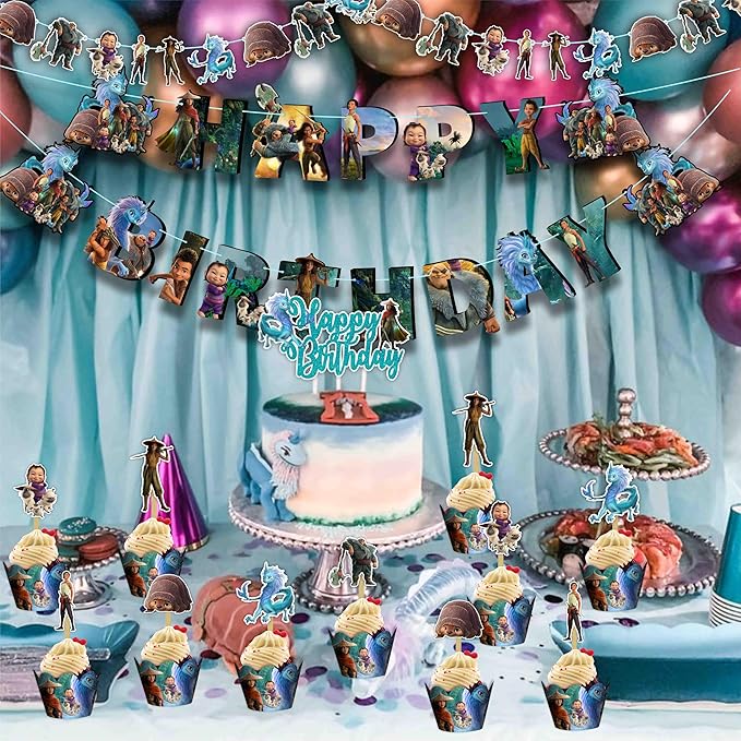 "Raya and the Last Dragn Theme Birthday Party Supplies – Fantasy Princess Party Decorations – Includes Happy Birthday Banner, Cake Topper, Cupcake Toppers, Garland, Table Decor, and More"