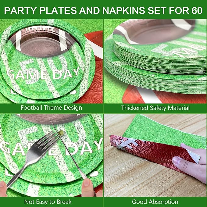 180Pcs Football Party Supplies Paper Plates and Napkins Serve 60 Disposable Tableware Set for Birthday Party Decorations Game Day Family Holiday Sports Events