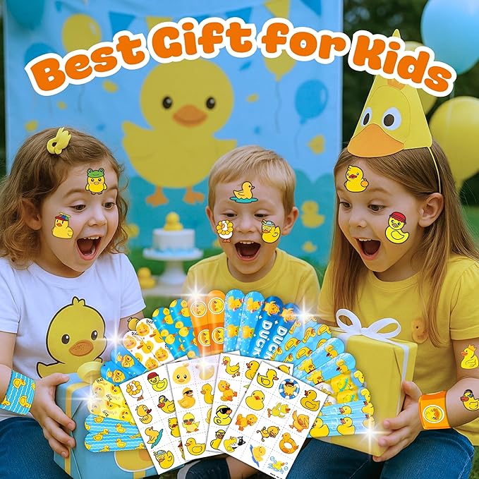 72PCS Duck Party Favors - 48PCS Pre-cut Temporary Tattoos & 24PCS Slap Bracelets - Cute Birthday Party Supplies, Decorations, Baby Shower Gifts, Classroom Prizes, and Rewards for Boys & Girls