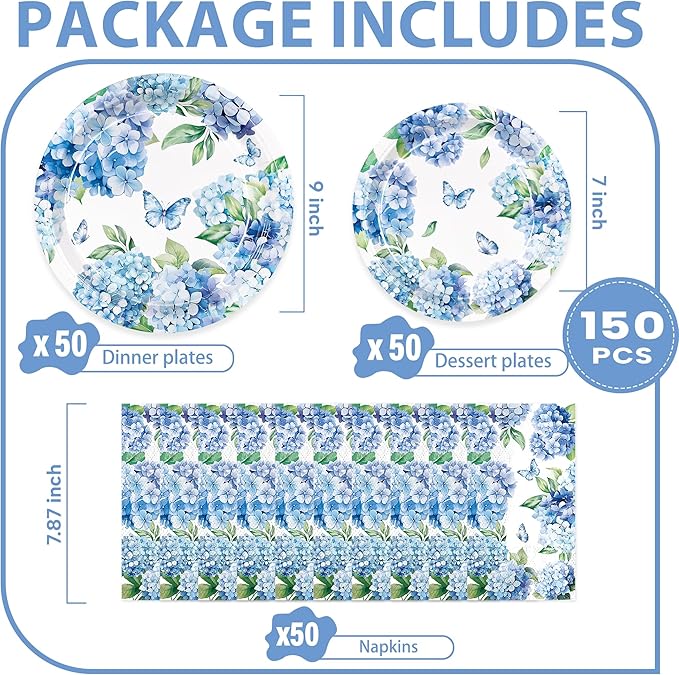 150pcs Hydrangea Plates Napkins Hydrangea Party Supplies Floral Tableware Set for Summer Wedding Birthday Tea Party Supplies Serve 50 Guests