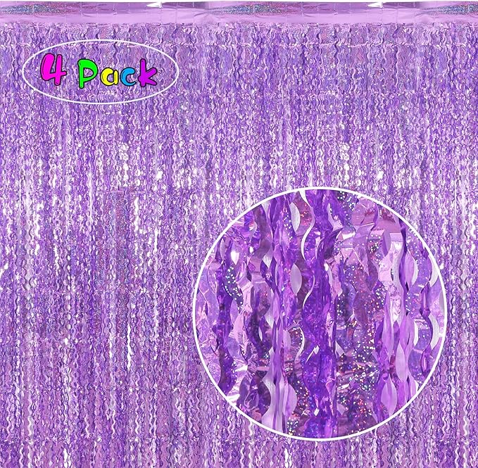 4 Pack Sparkle Wavy Purple Tinsel Curtain Party Backdrop - 3.3X6.6ft Foil Fringe Curtain Party Photo Booth Streamers for Mermaid Euphoria Themed Decorations