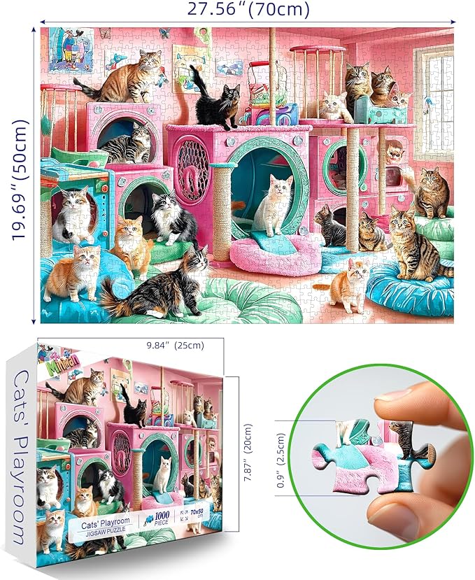Cat Paradise 1000 Piece Puzzle for Adults Playful Kittys in Pink Playroom Jigsaw Puzzle Vibrant Colorful Cat Play Area Family Challenging Fun Animal Puzzle Gift for Adult Game Night