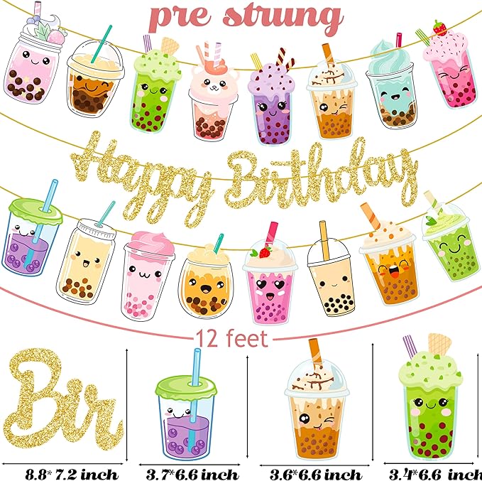 3pcs Bubble Tea Birthday Party Banners Boba Tea Birthday Decorations Gold Glitter Happy Birthday Banner Bubble Mill Tea Cutout Garlands for Baby Shower Supplies