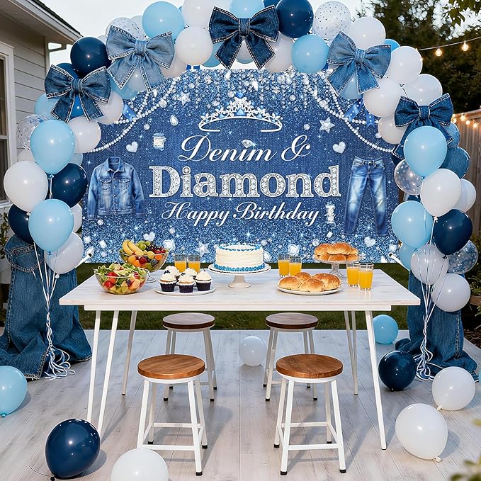 Avezano Denim and Diamonds Birthday Party Decorations Birthday Backdrop for Women Denim and Diamond Happy Bday Banner Crystal Party Supplies 6 x 3.6 ft
