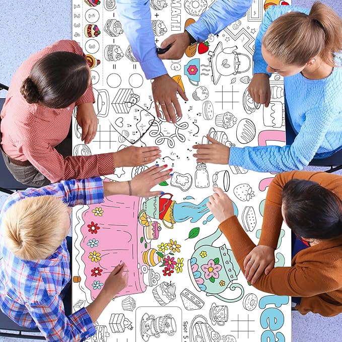 Naozinebi Spring Tea Time Giant Coloring Poster for Kids Large Coloring Tablecloth Big Paper Sheets Page Flower Table Cloth DIY Activity Game Art Crafts Mat Wall Home Party Decoration Supplies
