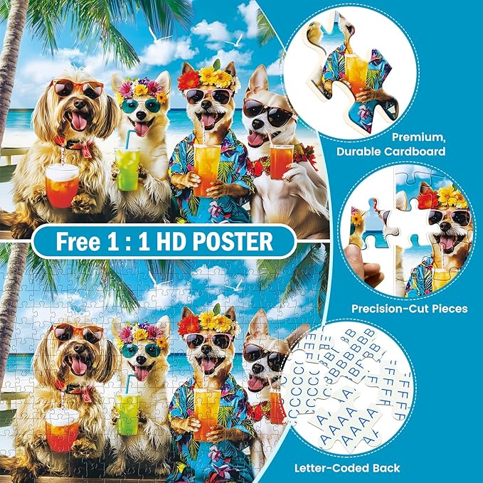 300 Piece Puzzles for Adults,Cute Beach Dog Jigsaw Puzzle for Adults Children Seniors,Large Piece Animal Puzzle for Kids Ages 8-10 10-12,Challenging Funny Corgi Puzzle,Family Game Great Gift 20.5*15in