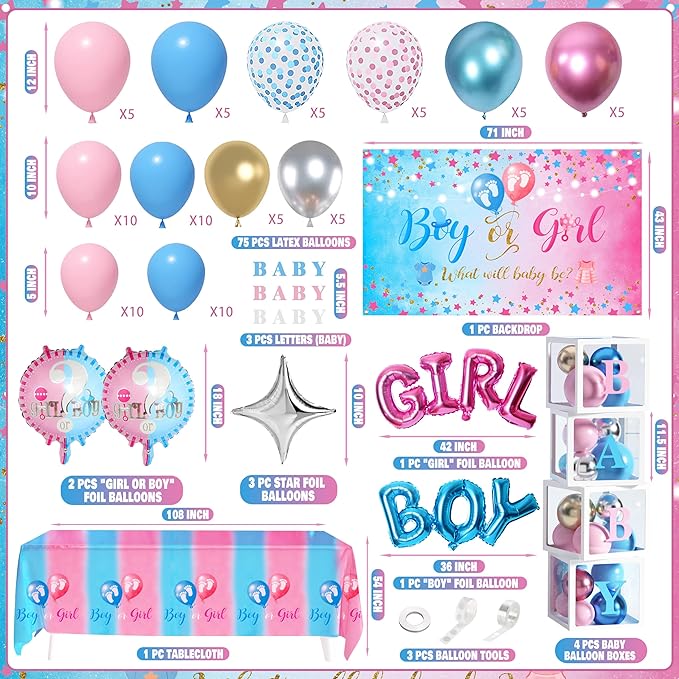 92Pcs Gender Reveal Decorations and Baby Box with Letters Set Boy or Girl Gender Reveal Party Supplies Party Ideas Tablecloth Backdrop Pink and Blue Balloons Baby Boxes with Letters Decorations Kit