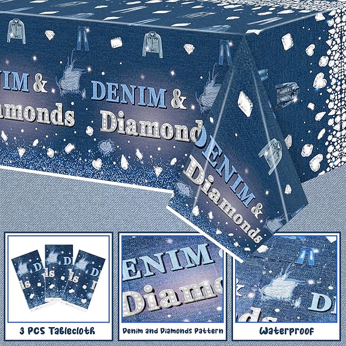 K1tpde Denim & Diamonds Party Tablecloth - 3PCS Denim Themed Blue Jacket Jeans Plastic Tablecloth, Disposable Jeans Tablecover for Adult, Crystal Birthday Party Supplies for Bachelorette Wedding Decor